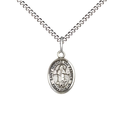 St. Isidore the Farmer Small Children Pewter Medal with Rhodium-plated Chain, Measures 1/2-inch tall by 1/4-inch wide. Deluxe Gift Box, Bliss Manufacturing