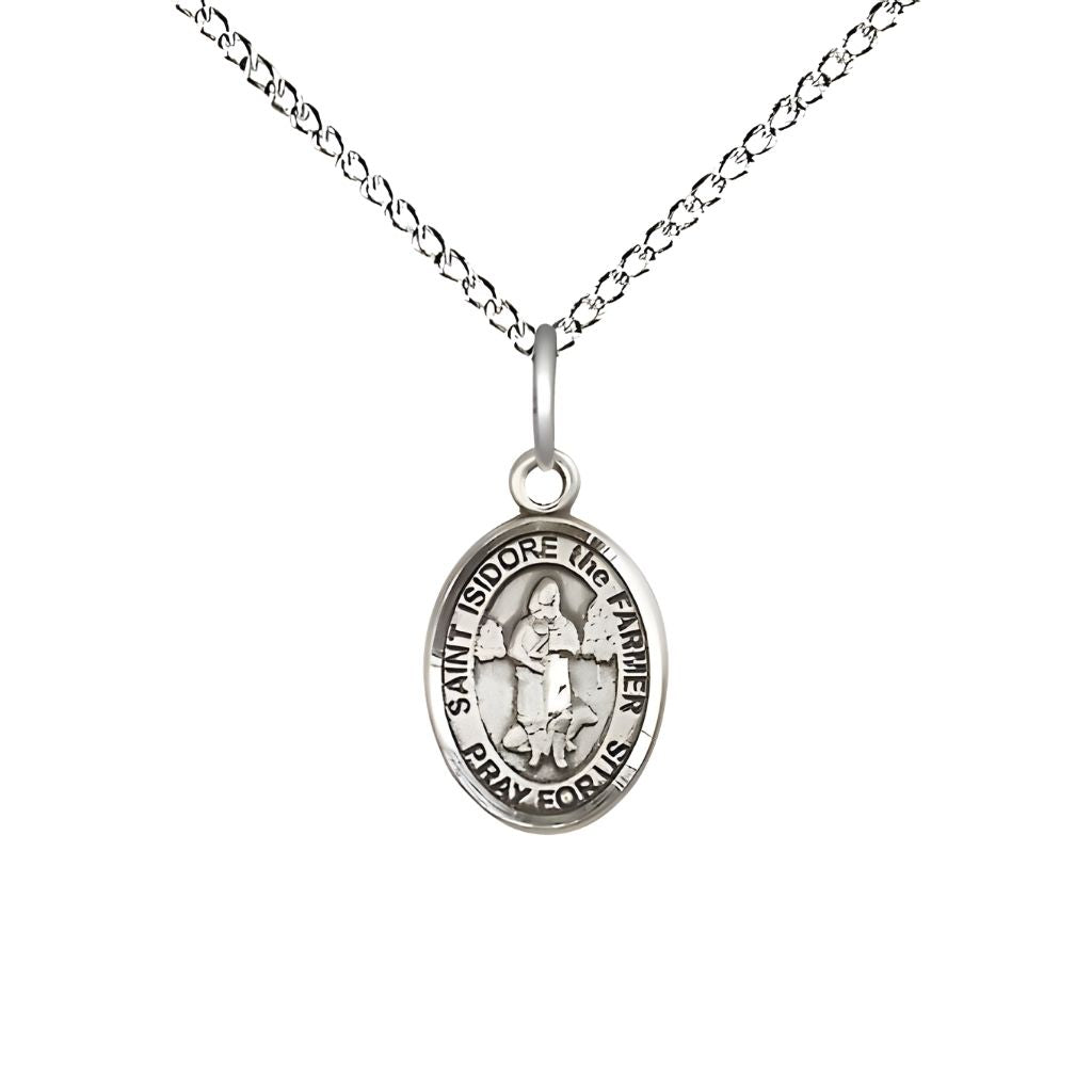 Bliss St. Isidore the Farmer Small Children Sterling Silver Medal with Sterling Chain, Measures 1/2-inch tall by 1/4-inch wide. Deluxe Gift Box.