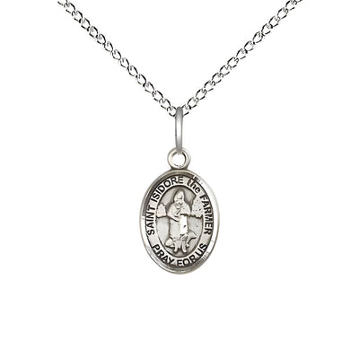 St. Isidore the Farmer Small Children Sterling Silver Medal with Sterling Chain, Measures 1/2-inch tall by 1/4-inch wide. Deluxe Gift Box, Bliss Manufacturing