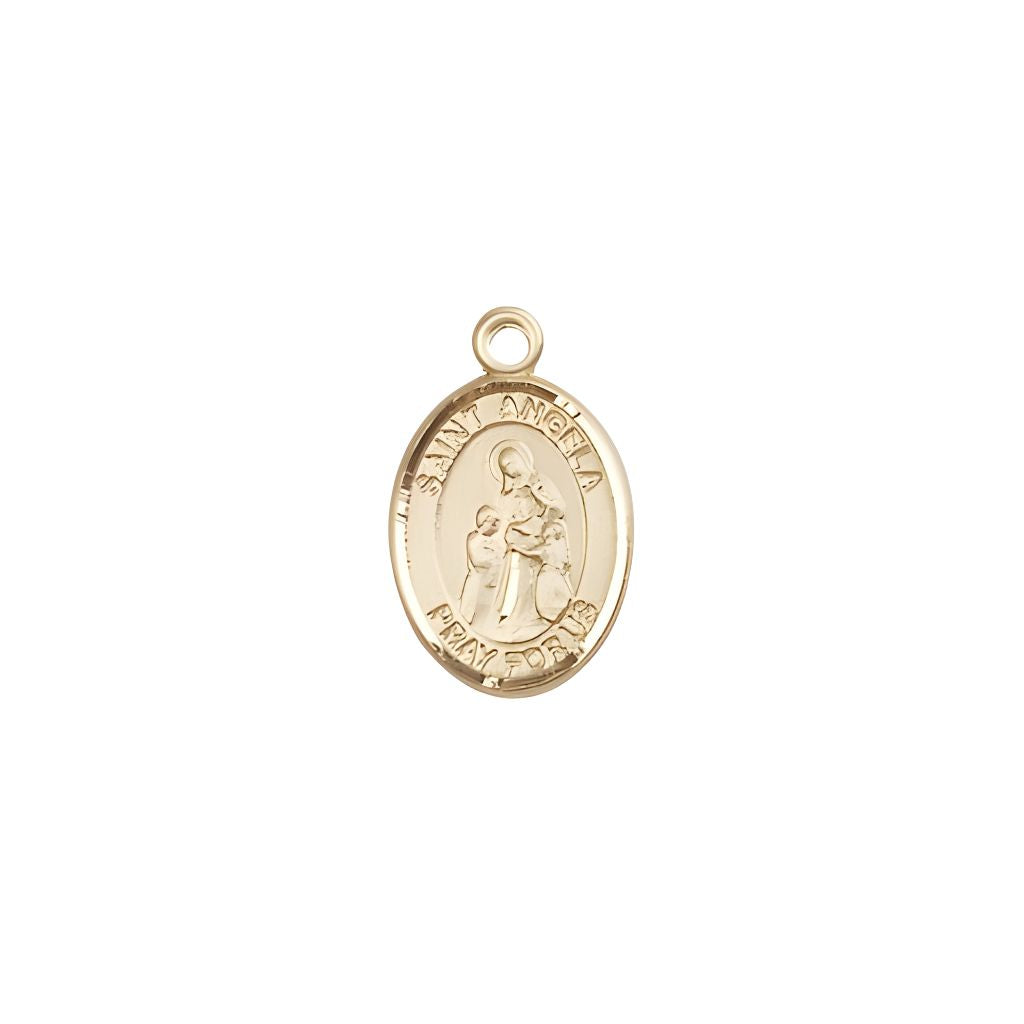Bliss St. Angela Merici 14kt Gold Oval Small Children Medal, Measures 1/2-inch tall by 1/4-inch wide.