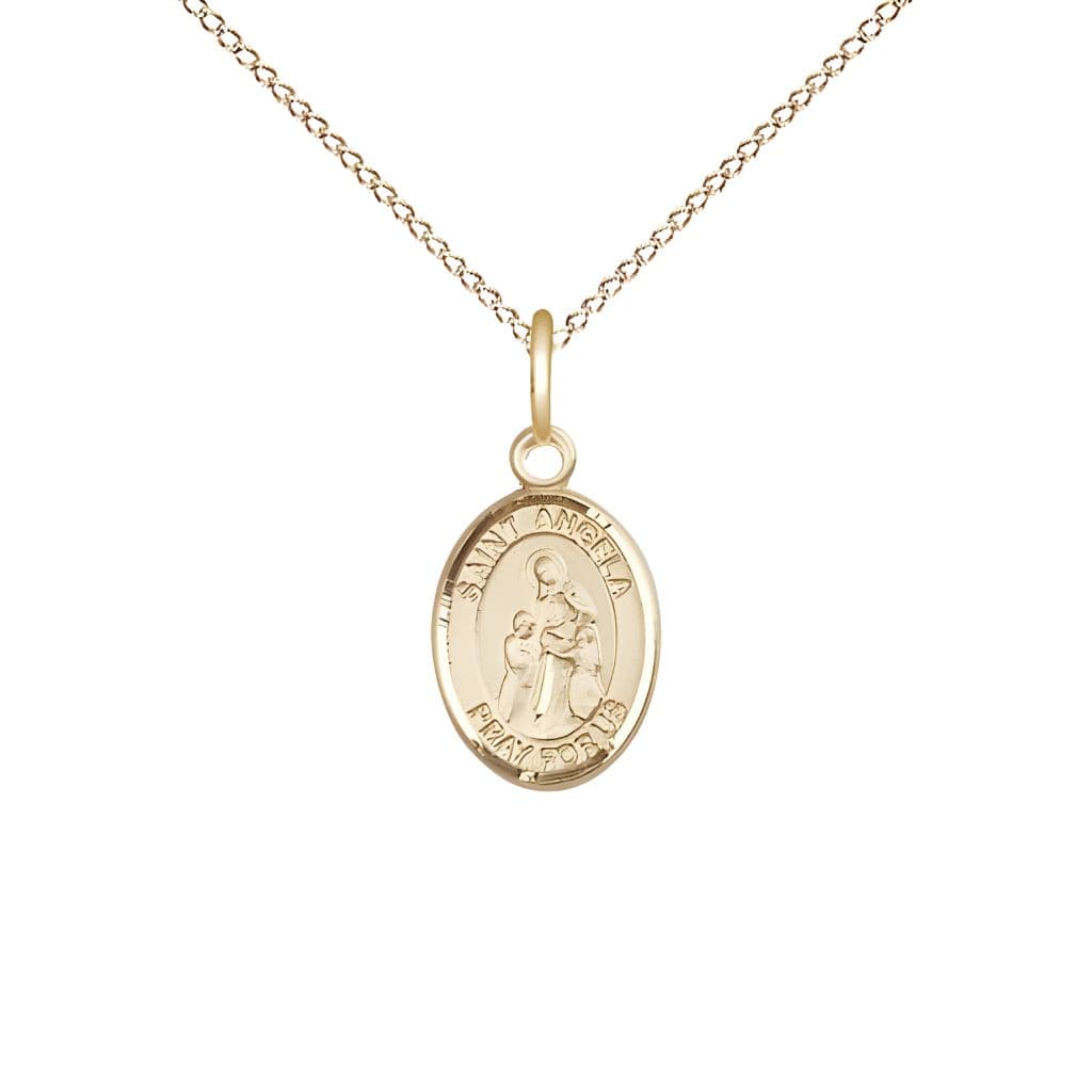 Bliss St. Angela Merici 14kt Gold Oval Small Children Medal with 14kt Gold Chain, Measures 1/2-inch tall by 1/4-inch wide.