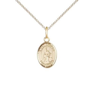 St. Angela Merici 14kt Gold Oval Small Children Medal with 14kt Gold Chain, Measures 1/2-inch tall by 1/4-inch wide, Bliss Manufacturing
