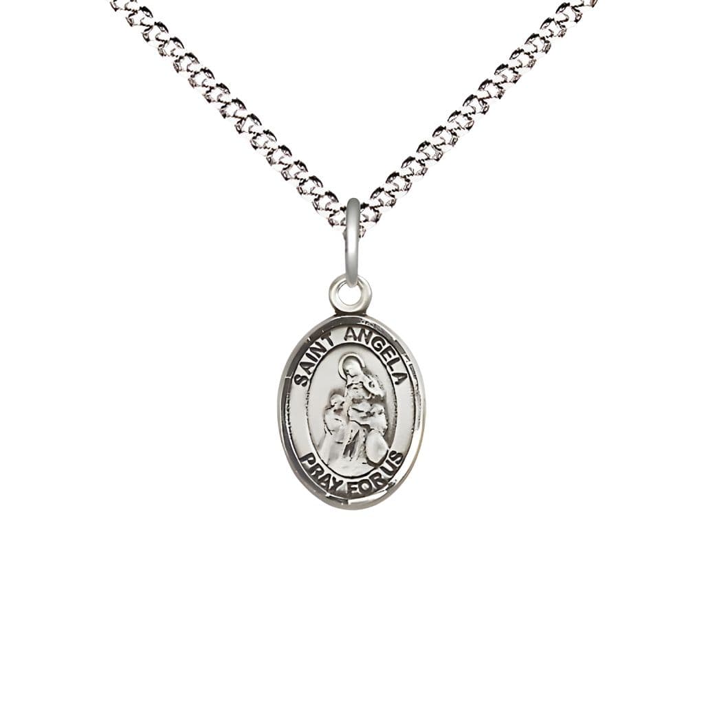 Bliss St. Angela Merici Engravable Small Children Pewter Medal with Rhodium-plated Chain, Measures 1/2-inch tall by 1/4-inch wide.