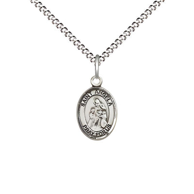 St. Angela Merici Engravable Small Children Pewter Medal with Rhodium-plated Chain, Measures 1/2-inch tall by 1/4-inch wide, Bliss Manufacturing