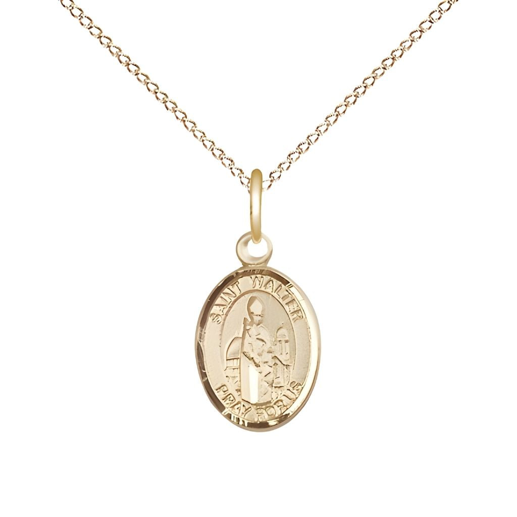 Bliss St. Walter of Pontnoise 14kt Gold-filled  Oval Small Children Medal with Gold-filled Chain, Measures 1/2-inch tall by 1/4-inch wide.