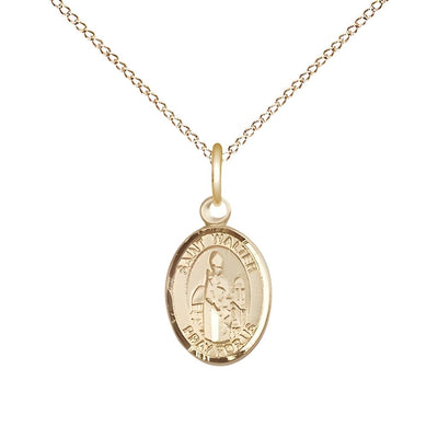 St. Walter of Pontnoise 14kt Gold Oval Small Children Medal with 14kt Gold Chain, Measures 1/2-inch tall by 1/4-inch wide, Bliss Manufacturing