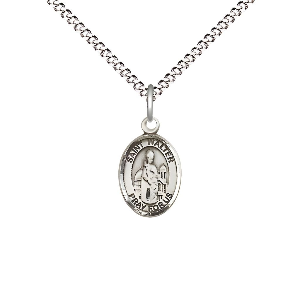 Bliss St. Walter of Pontnoise Engravable Small Children Pewter Medal with Rhodium-plated Chain, Measures 1/2-inch tall by 1/4-inch wide.