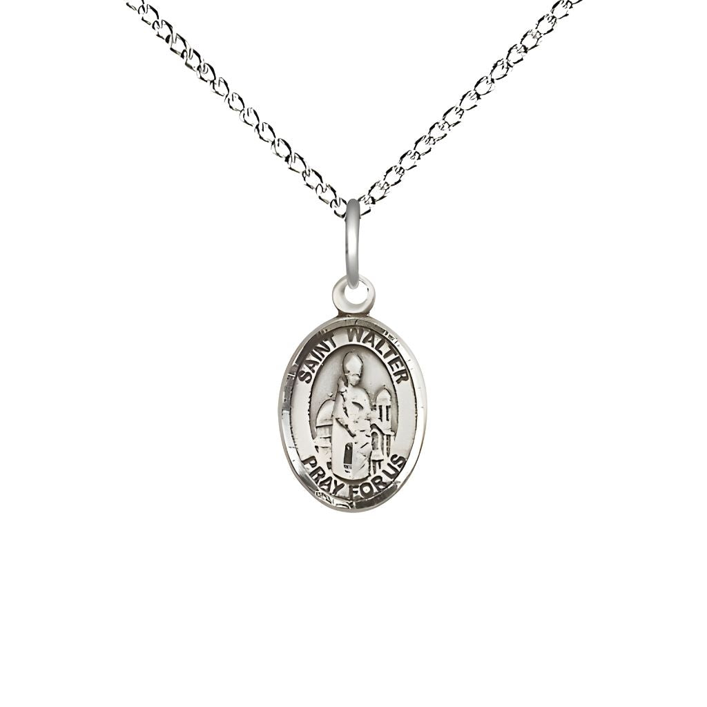Bliss St. Walter of Pontnoise Engravable Small Children Sterling Silver Medal with Sterling Chain, Measures 1/2-inch tall by 1/4-inch wide.