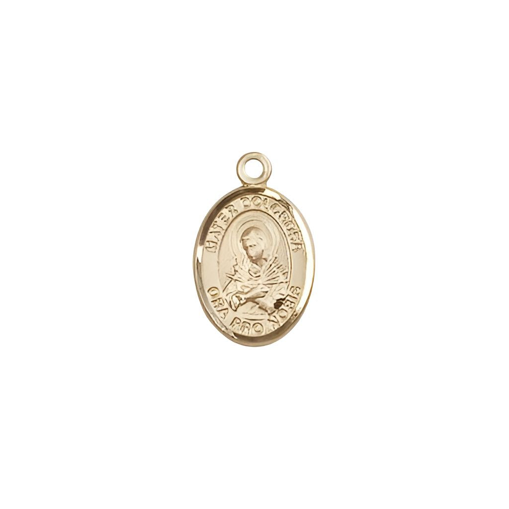 Bliss Mater Dolorosa | Our Lady of Sorrows 14kt Gold Small Medal, Measures 1/2-inch tall by 1/4-inch wide