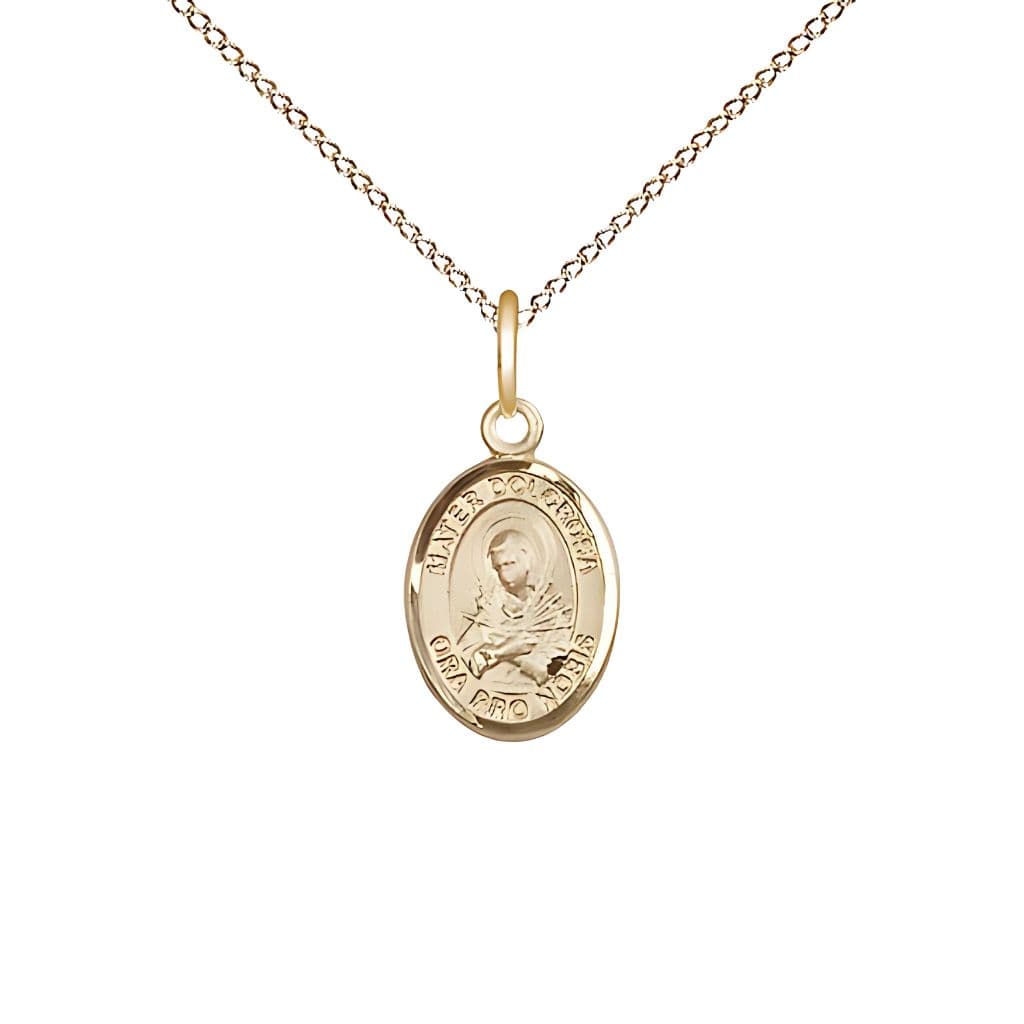 Bliss Mater Dolorosa | Our Lady of Sorrows 14kt Gold Small Medal with 14kt Gold Chain, Measures 1/2-inch tall by 1/4-inch wide