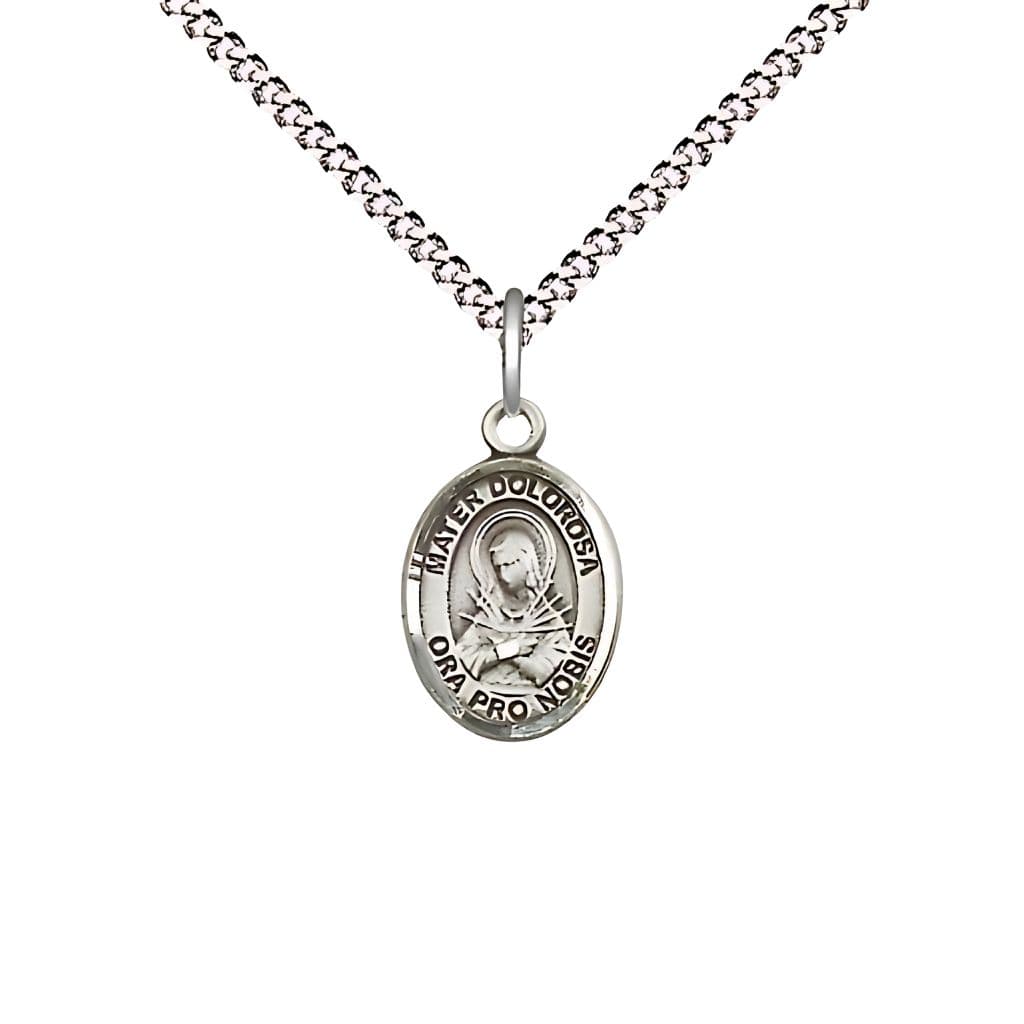 Bliss Mater Dolorosa | Our Lady of Sorrows Pewter Small Medal with Plated Chain, Measures 1/2-inch tall by 1/4-inch wide