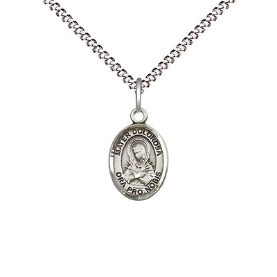 Mater Dolorosa, Our Lady of Sorrows Pewter Small Medal with Plated Chain, Measures 1/2-inch tall by 1/4-inch wide, Bliss Manufacturing