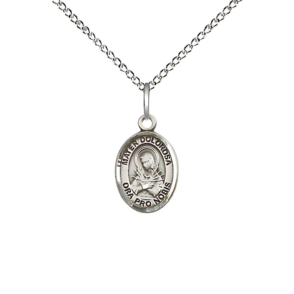Bliss Mater Dolorosa | Our Lady of Sorrows Sterling Silver Small Medal with Sterling Silver Chain, Measures 1/2-inch tall by 1/4-inch wide