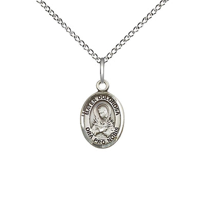 Mater Dolorosa, Our Lady of Sorrows Sterling Silver Small Medal with Sterling Silver Chain, Measures 1/2-inch tall by 1/4-inch wide, Bliss Manufacturing