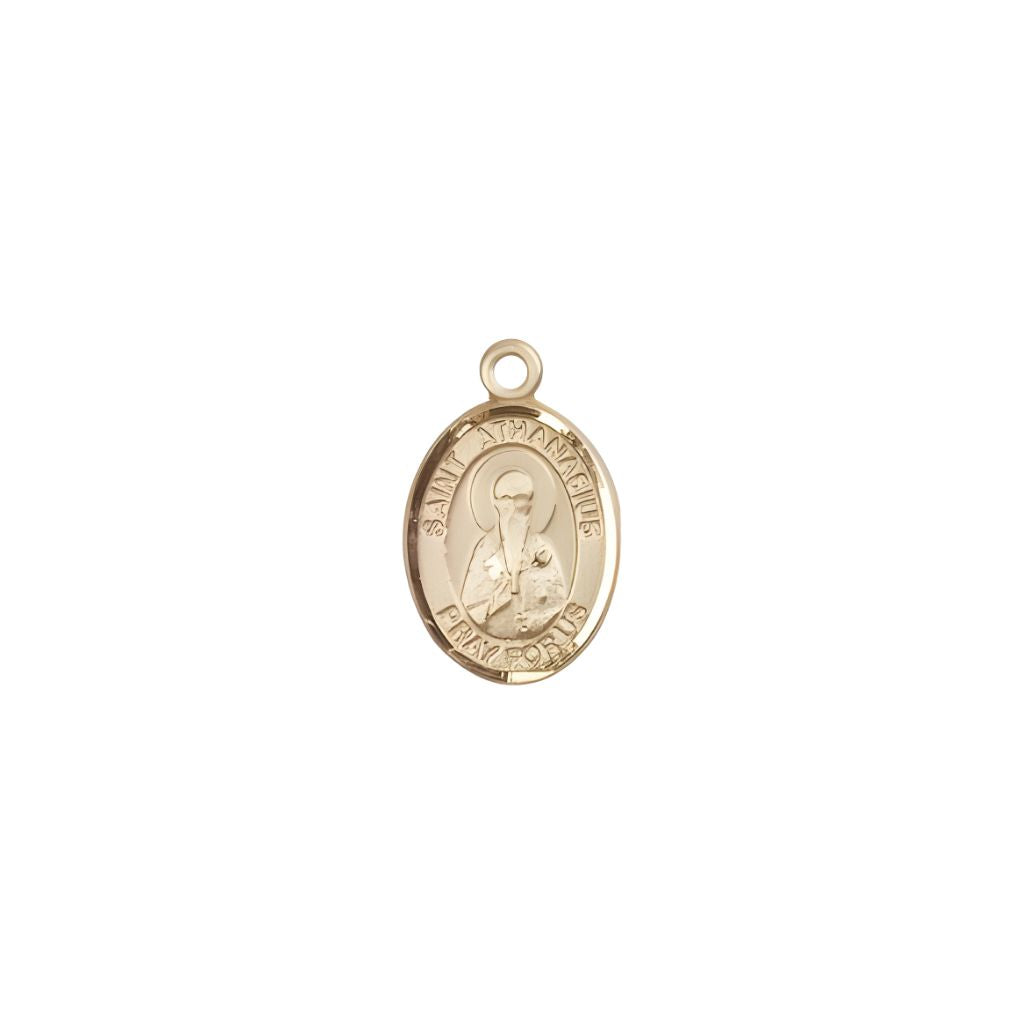 Bliss St. Athanasius 14kt Gold Oval Small Children Medal, Measures 1/2-inch tall by 1/4-inch wide. Deluxe Gift Box.