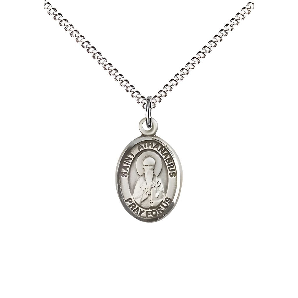 Bliss St. Athanasius Engravable Small Children Pewter Medal with Rhodium-plated Chain, Measures 1/2-inch tall by 1/4-inch wide. Deluxe Gift Box.