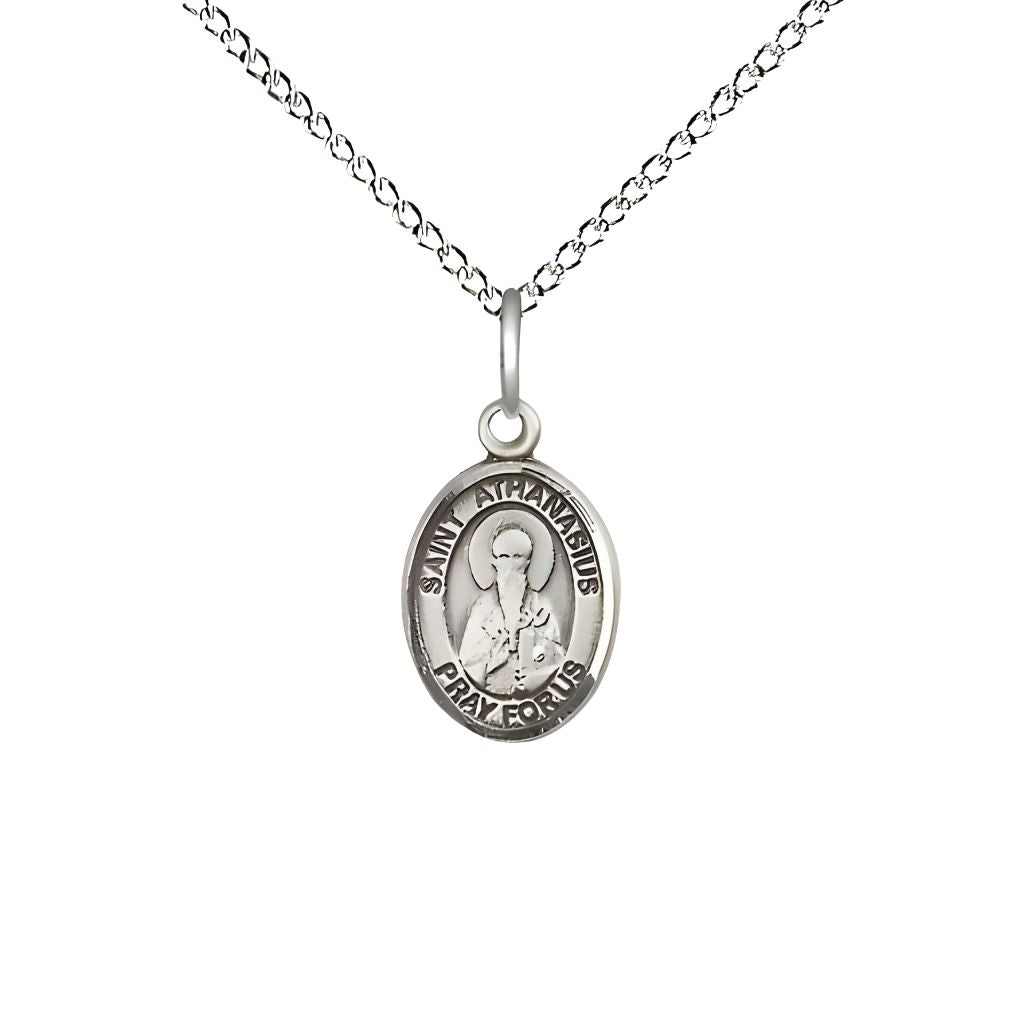Bliss St. Athanasius Engravable Small Children Sterling Silver Medal with Sterling Chain, Measures 1/2-inch tall by 1/4-inch wide. Deluxe Gift Box.