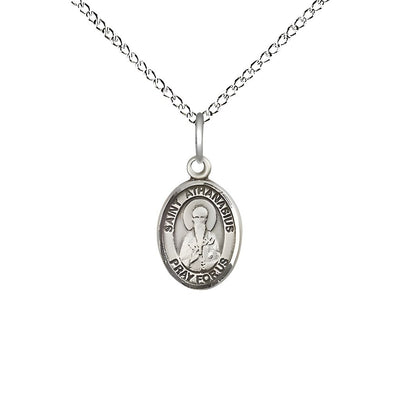 St. Athanasius Engravable Small Children Sterling Silver Medal with Sterling Chain, Measures 1/2-inch tall by 1/4-inch wide. Deluxe Gift Box, Bliss Manufacturing