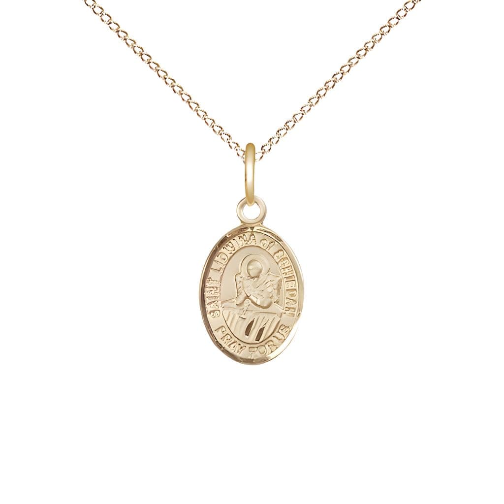 Bliss St. Lidwina of Schiedam 14kt Gold Oval Small Children Medal with 14kt Gold Chain, Measures 1/2-inch tall by 1/4-inch wide.