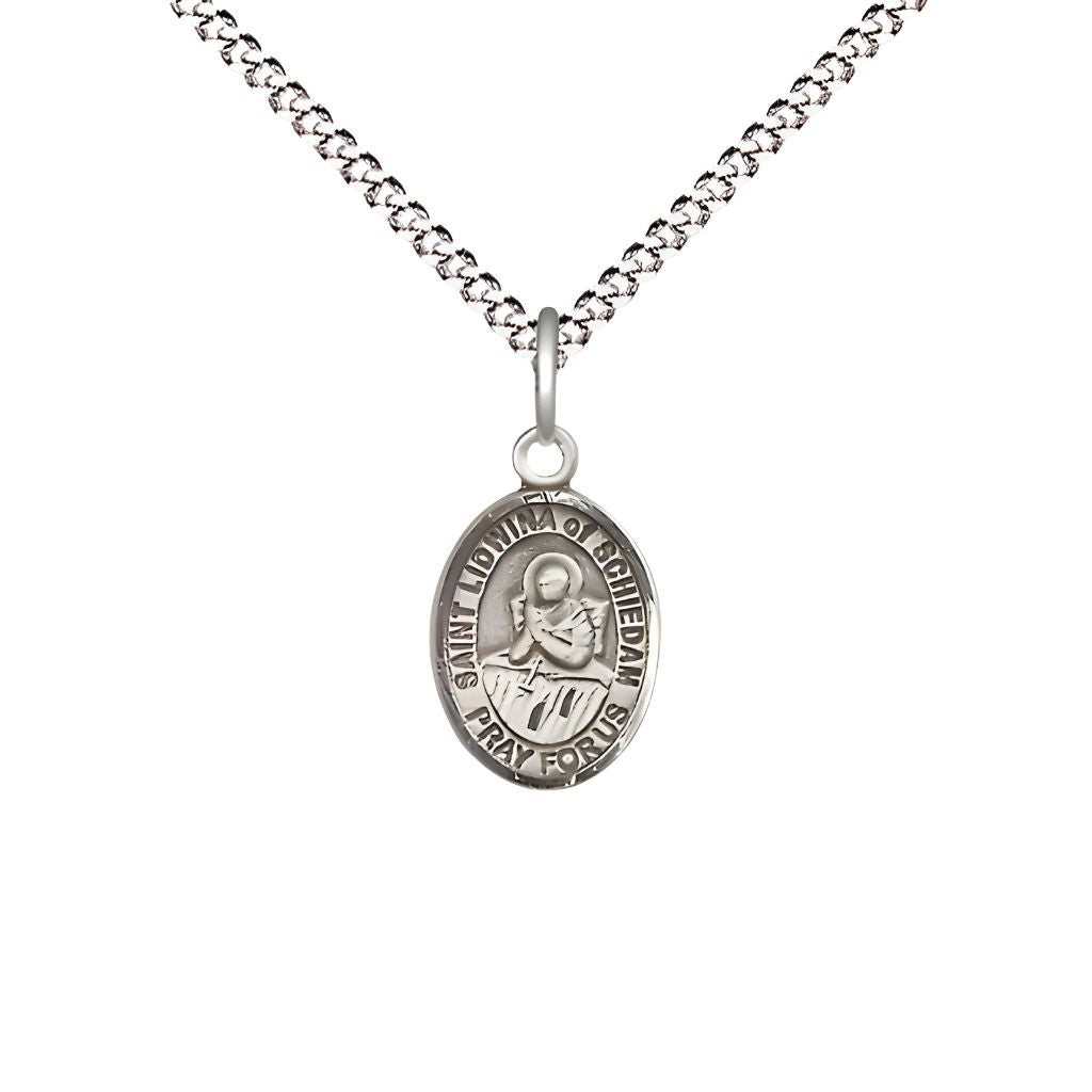 Bliss St. Lidwina of Schiedam Engravable Small Children Pewter Medal with Rhodium-plated Chain, Measures 1/2-inch tall by 1/4-inch wide.