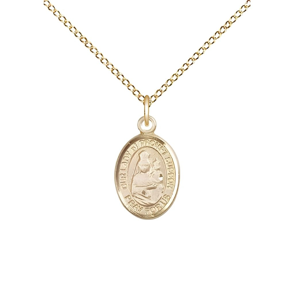 Bliss Our Lady of Prompt Succor 14kt Gold-filled Oval Small Children Medal with Gold-filled Chain, Measures 1/2-inch tall by 1/4-inch wide. Deluxe Gift Box.