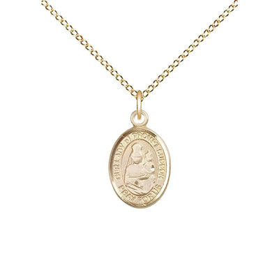 Our Lady of Prompt Succor 14kt Gold-filled Oval Small Children Medal with Gold-filled Chain, Measures 1/2-inch tall by 1/4-inch wide. Deluxe Gift Box, Bliss Manufacturing