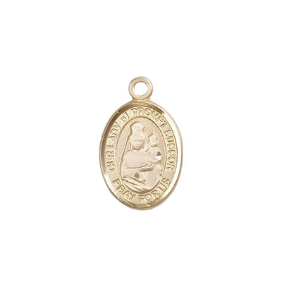Our Lady of Prompt Succor 14kt Gold Oval Small Children Medal, Measures 1/2-inch tall by 1/4-inch wide. Deluxe Gift Box, Bliss Manufacturing