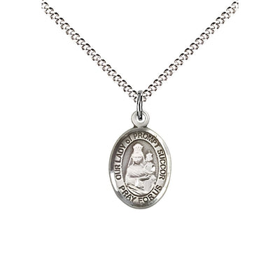 Our Lady of Prompt Succor Engravable Small Children Pewter Medal with Rhodium-plated Chain, Measures 1/2-inch tall by 1/4-inch wide. Deluxe Gift Box, Bliss Manufacturing