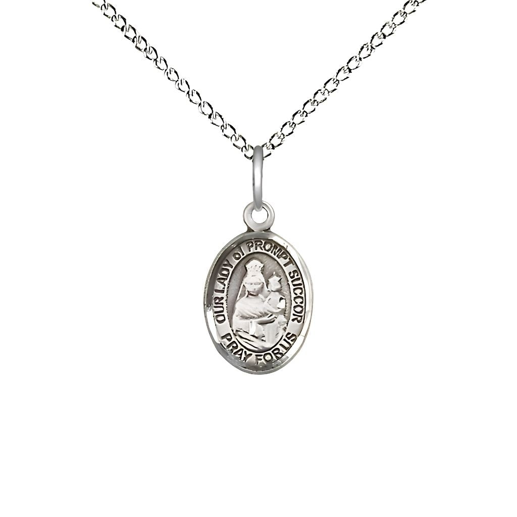 Bliss Our Lady of Prompt Succor Engravable Small Children Sterling Silver Medal with Sterling Chain, Measures 1/2-inch tall by 1/4-inch wide. Deluxe Gift Box.