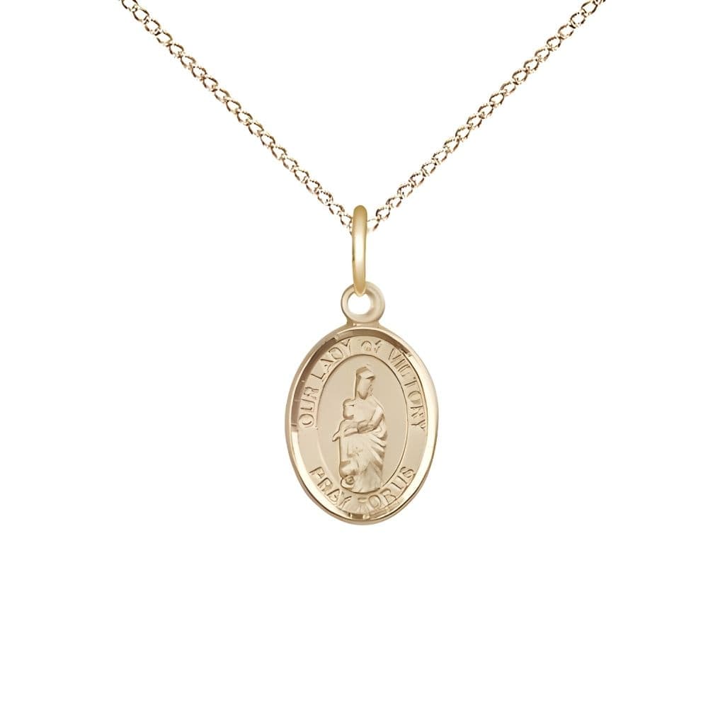 Bliss Our Lady of Victory 14kt Gold-filled Oval Children's Medal Necklace with Gold-filled Chain, Measures 1/2" tall x 1/4" wide