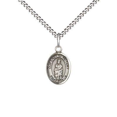 Our Lady of Victory Pewter Oval Children's Medal Necklace with Plated Chain, Measures 1/2" tall x 1/4" wide, Bliss Manufacturing