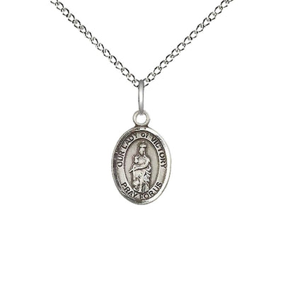 Our Lady of Victory Sterling Silver Oval Children's Medal Necklace with Sterling Silver Chain, Measures 1/2" tall x 1/4" wide, Bliss Manufacturing
