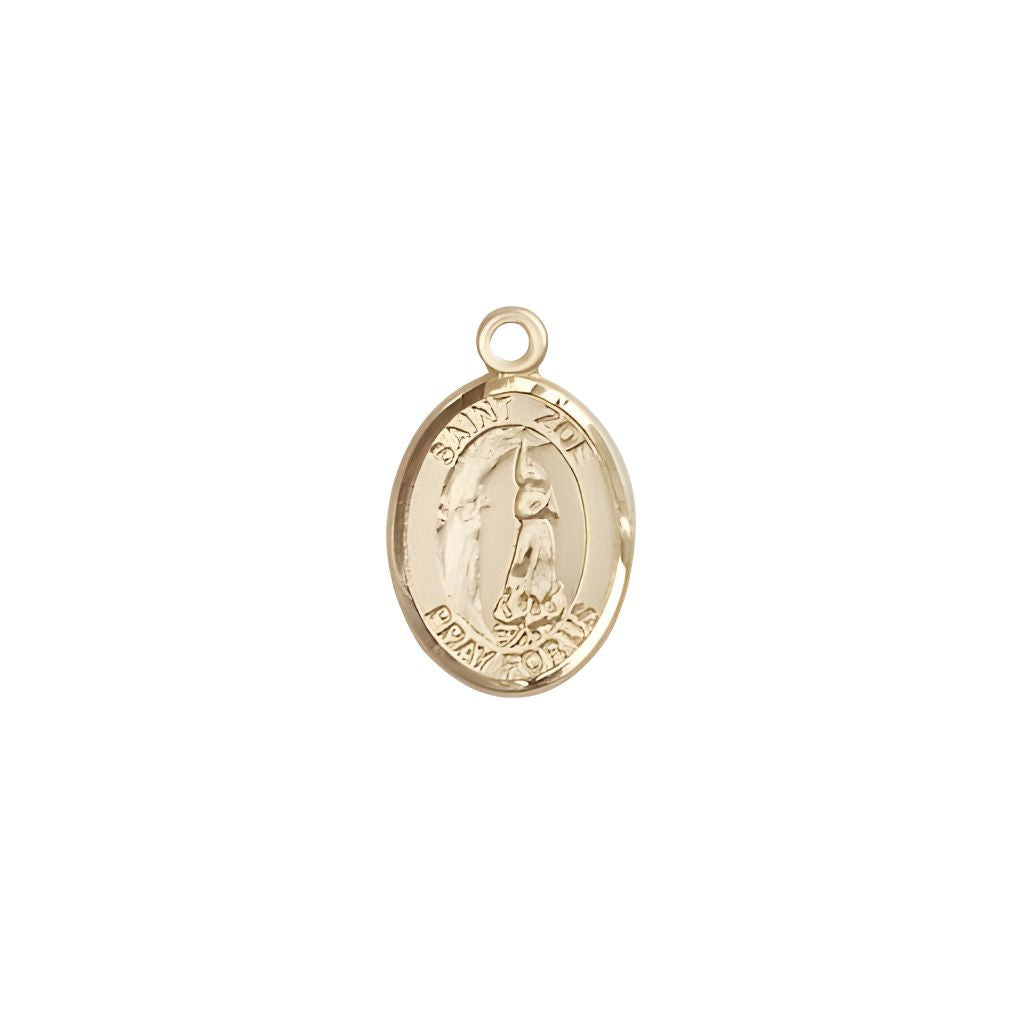 Bliss St. Zoe of Rome 14kt Gold Oval Small Medal, Measures 1/2-inch tall by 1/4-inch wide.