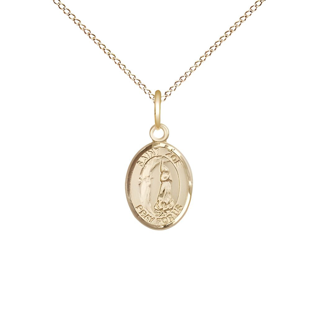 Bliss St. Zoe of Rome 14kt Gold Oval Small Medal Necklace with 14kt Gold Chain, Medal Measures 1/2-inch tall by 1/4-inch wide.