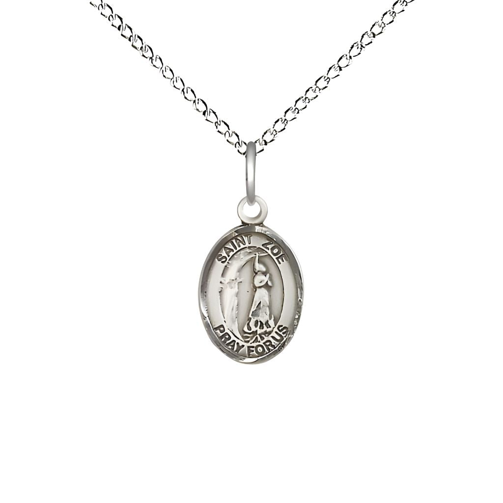 St. Zoe of Rome Sterling Silver Oval Children Medal with Sterling Silver Chain, Medal Measures 1/2-inch tall by 1/4-inch wide.