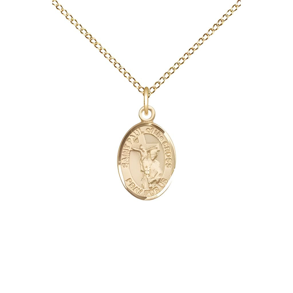 Bliss St. Paul of the Cross 14kt Gold Oval Small Children Medal with 14kt Gold Chain, Measures 1/2-inch tall by 1/4-inch wide. Deluxe Gift Box.