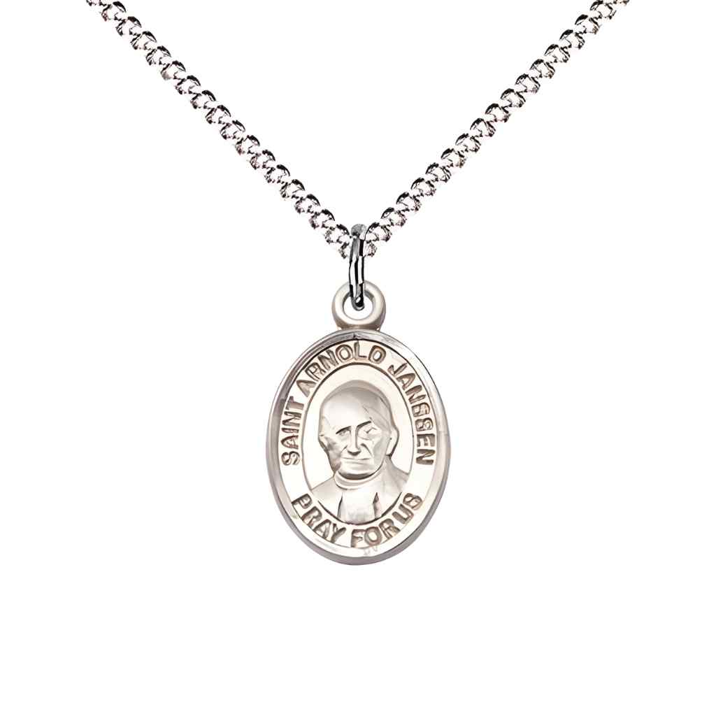 Saint Arnold Janssen Small Children Pewter Medal with Rhodium-plated Curb Chain in Deluxe Gift Box | Bliss Manufacturing