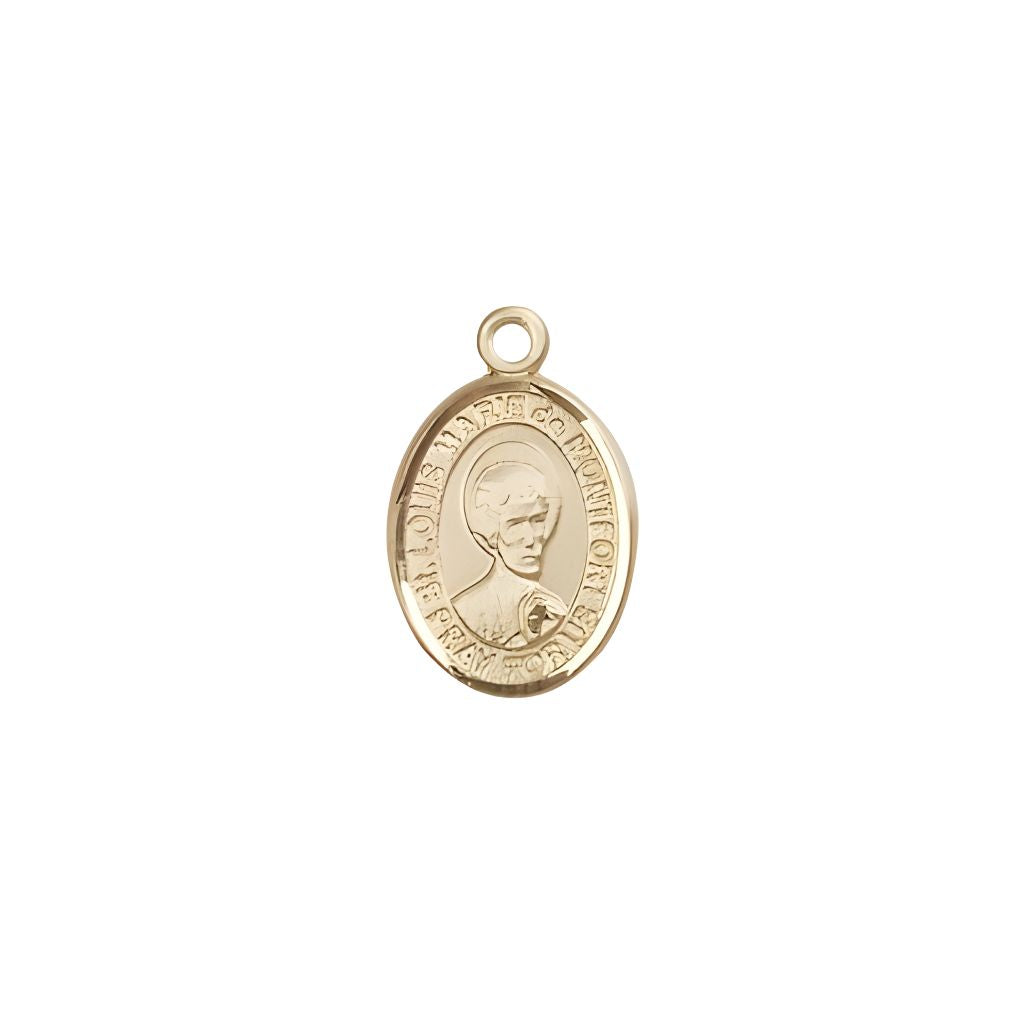 Bliss St. Louis Marie de Montfort 14kt Gold Oval Small Children Medal, Measures 1/2-inch tall by 1/4-inch wide.