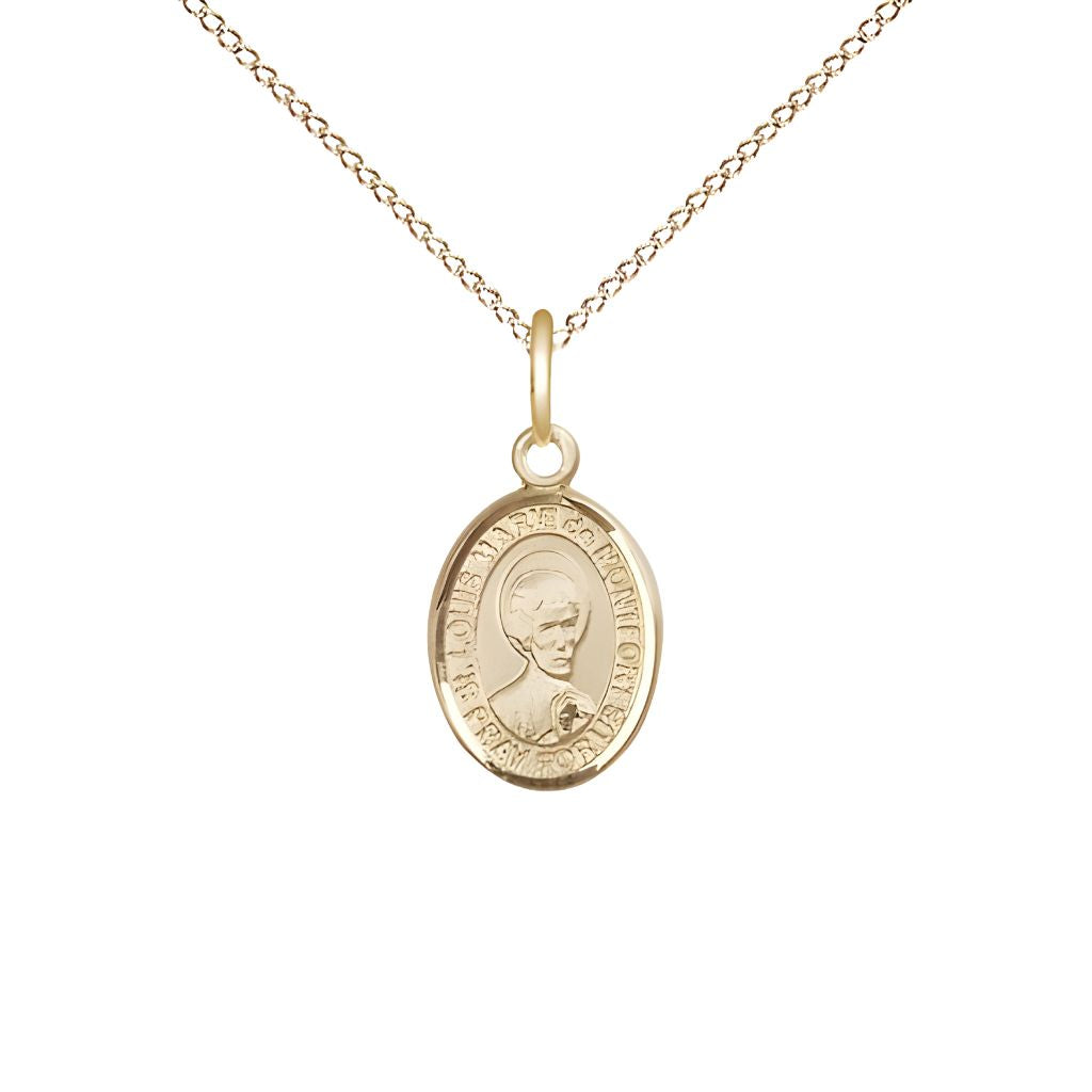 Bliss St. Louis Marie de Montfort 14kt Gold Oval Small Children Medal with 14kt Gold Chain, Measures 1/2-inch tall by 1/4-inch wide.