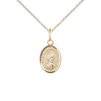 St. Louis Marie de Montfort 14kt Gold Oval Small Children Medal with 14kt Gold Chain, Measures 1/2-inch tall by 1/4-inch wide, Bliss Manufacturing