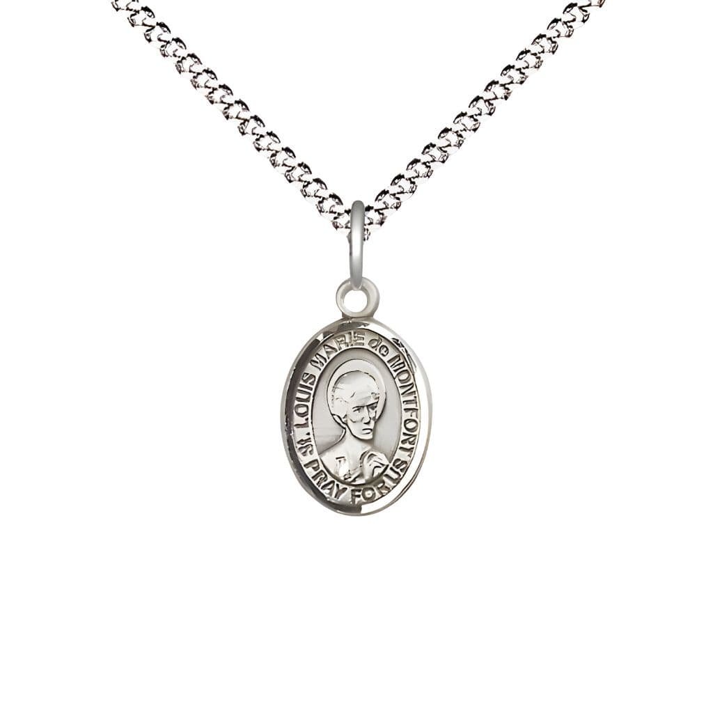 Bliss St. Louis Marie de Montfort Engravable Small Children Pewter Medal with Rhodium-plated Chain, Measures 1/2-inch tall by 1/4-inch wide.