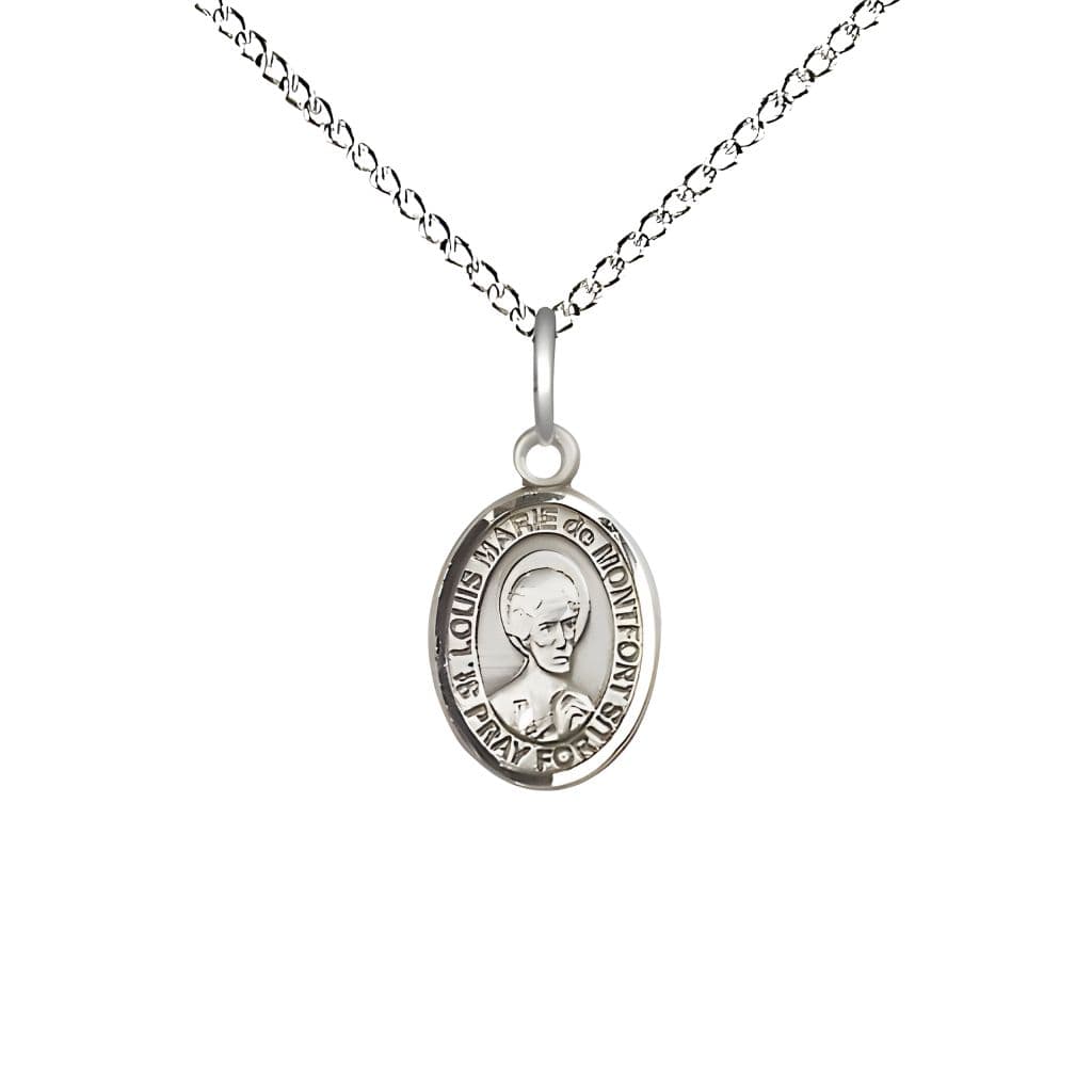 Bliss St. Louis Marie de Montfort Engravable Small Children Sterling Silver Medal with Sterling Chain, Measures 1/2-inch tall by 1/4-inch wide.