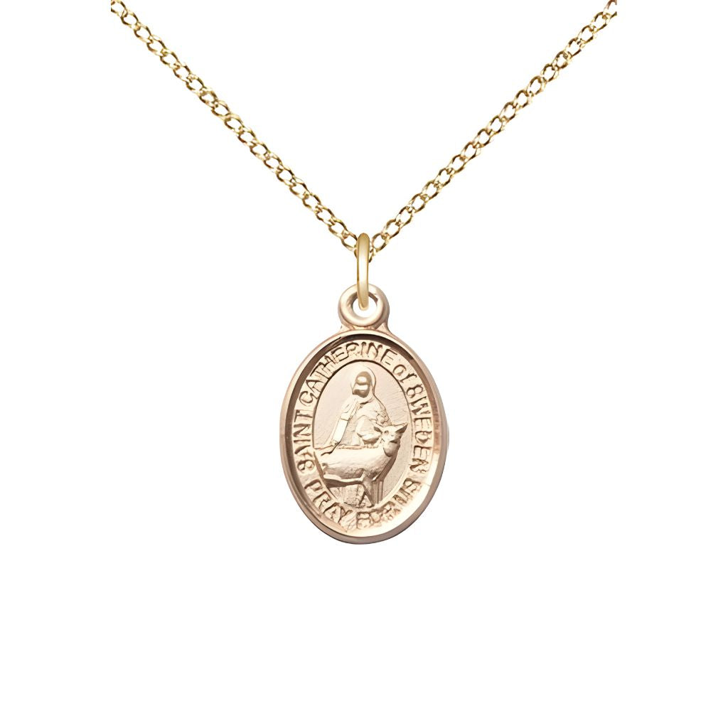 Bliss St. Catherine of Sweden 14kt Gold Oval Small Children Medal with 14kt Gold Chain, Measures 1/2-inch tall by 1/4-inch wide.