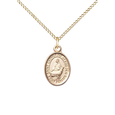 St. Catherine of Sweden 14kt Gold Oval Small Children Medal with 14kt Gold Chain, Measures 1/2-inch tall by 1/4-inch wide, Bliss Manufacturing