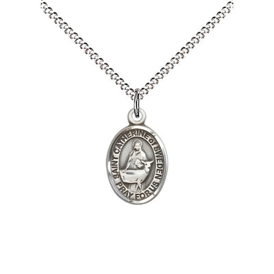 St. Catherine of Sweden Engravable Small Children Pewter Medal with Rhodium-plated Chain, Measures 1/2-inch tall by 1/4-inch wide, Bliss Manufacturing