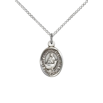 St. Catherine of Sweden Engravable Small Children Sterling Silver Medal with Sterling Chain, Measures 1/2-inch tall by 1/4-inch wide, Bliss Manufacturing