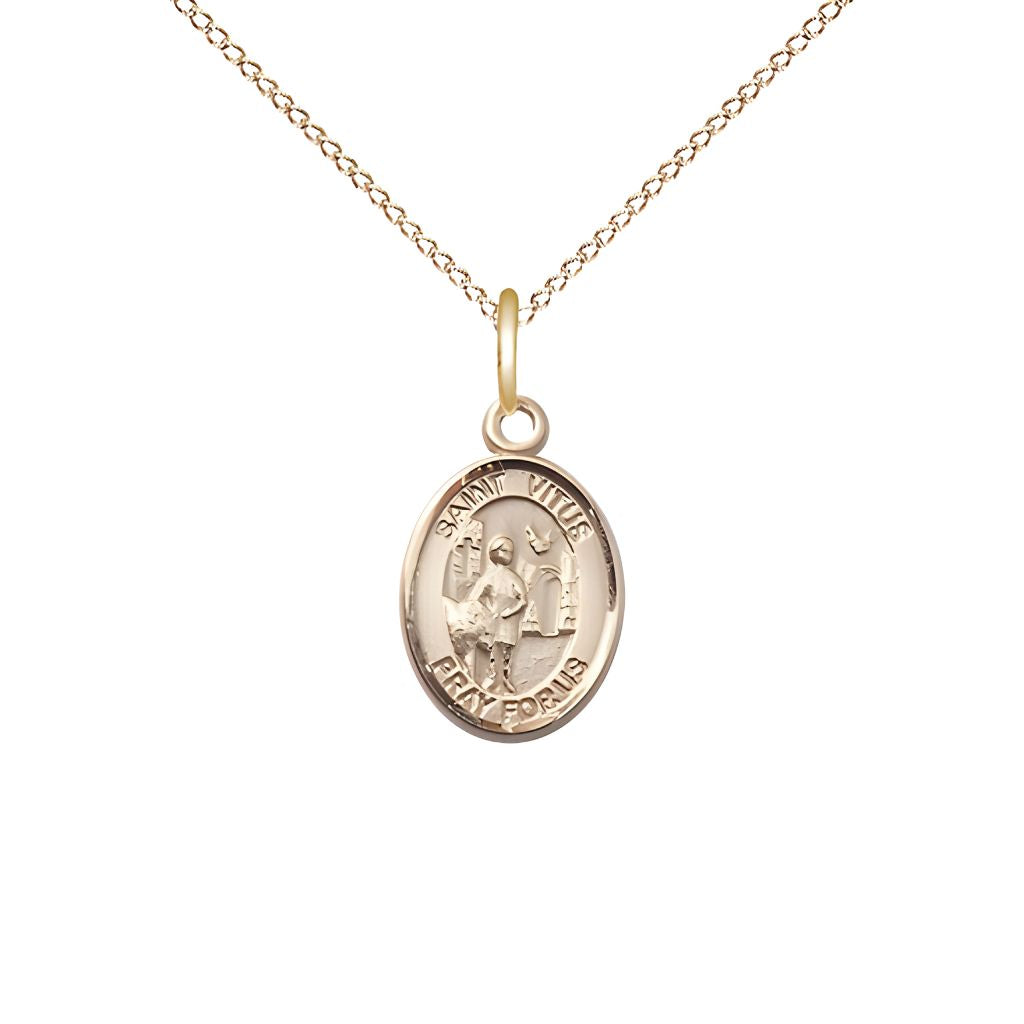 Bliss St. Vitus 14kt Gold Oval Small Children Medal with 14kt Gold Chain, Measures 1/2-inch tall by 1/4-inch wide.