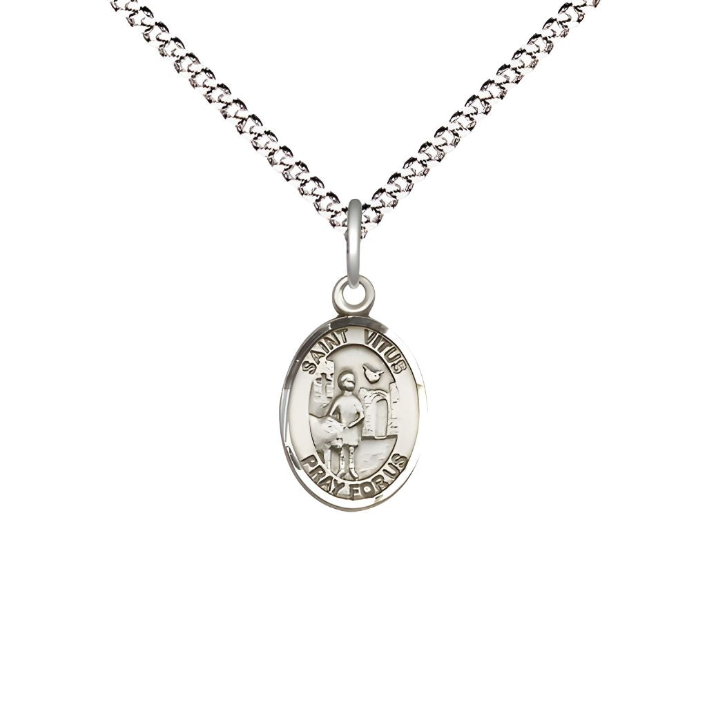Bliss St. Vitus Engravable Small Children Pewter Medal with Rhodium-plated Chain, Measures 1/2-inch tall by 1/4-inch wide.
