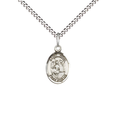 St. Vitus Engravable Small Children Pewter Medal with Rhodium-plated Chain, Measures 1/2-inch tall by 1/4-inch wide, Bliss Manufacturing