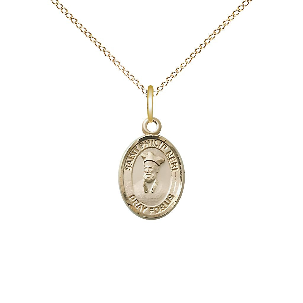 Bliss St. Philip Neri 14kt Gold Oval Small Children Medal with 14kt Gold Chain, Measures 1/2-inch tall by 1/4-inch wide. Deluxe Gift Box.